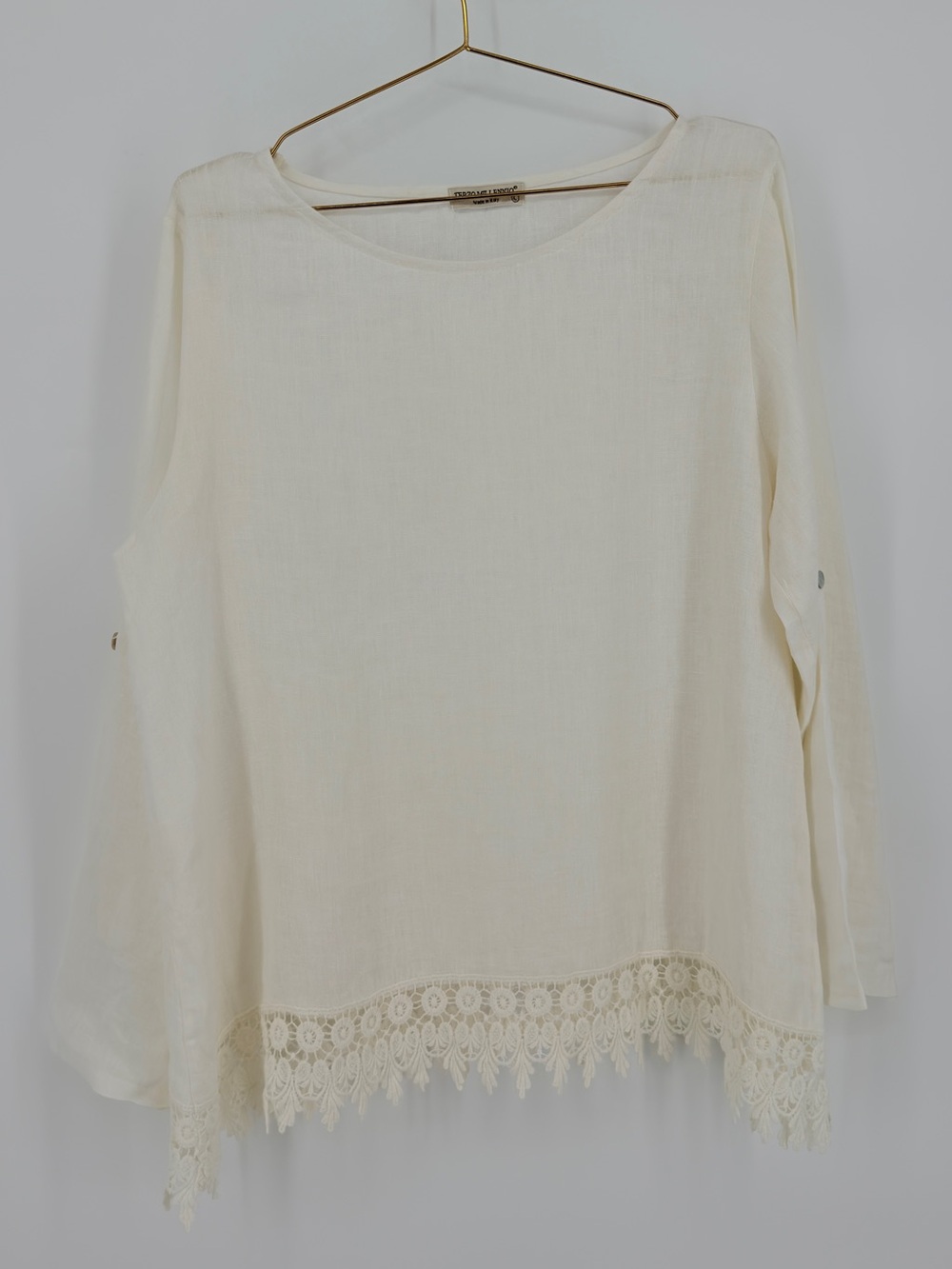 Terzo Millennio Italy 100% Linen Ivory Lace Hem Blouse Size Large